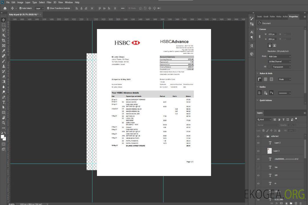 Relevé bancaire HSBC d'Israël, modèle facile à remplir au format Excel et PDF template
